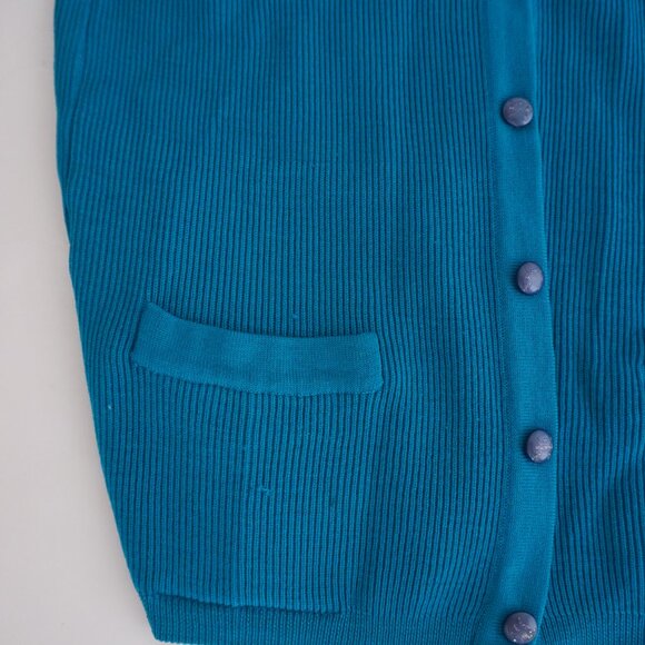 Vintage Italian Art Knitting Teal Ribs Knit Button Cardigan Stripe Collar L (42) - Picture 7 of 9